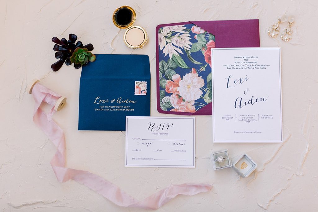 Floral Wedding Invitation Suite | Navy and Plum Wedding Invites| Pannikin Building Wedding in San Diego  | Modern and Bright San Diego Wedding | Boho indoor wedding | San Diego Wedding Venues | San Diego Wedding Photography