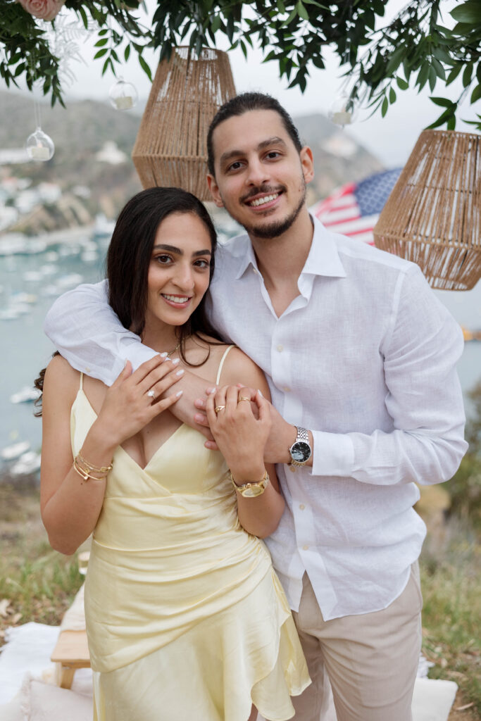 Couple posing after proposal on Catalina Island