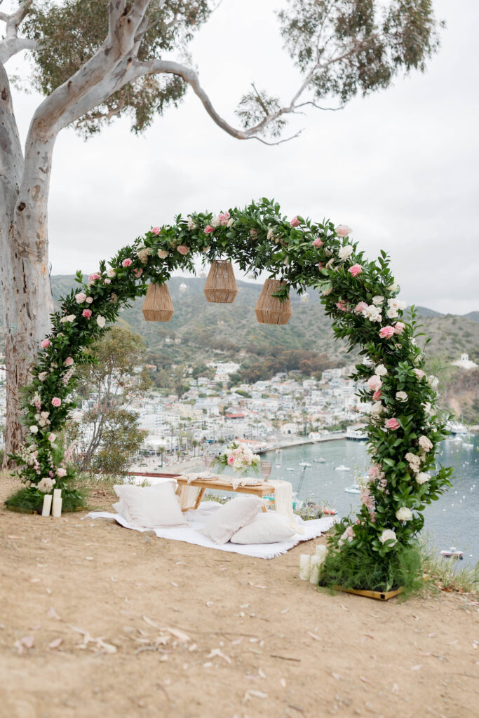 Flower arch decorations for Catalina Island proposal in San Diego