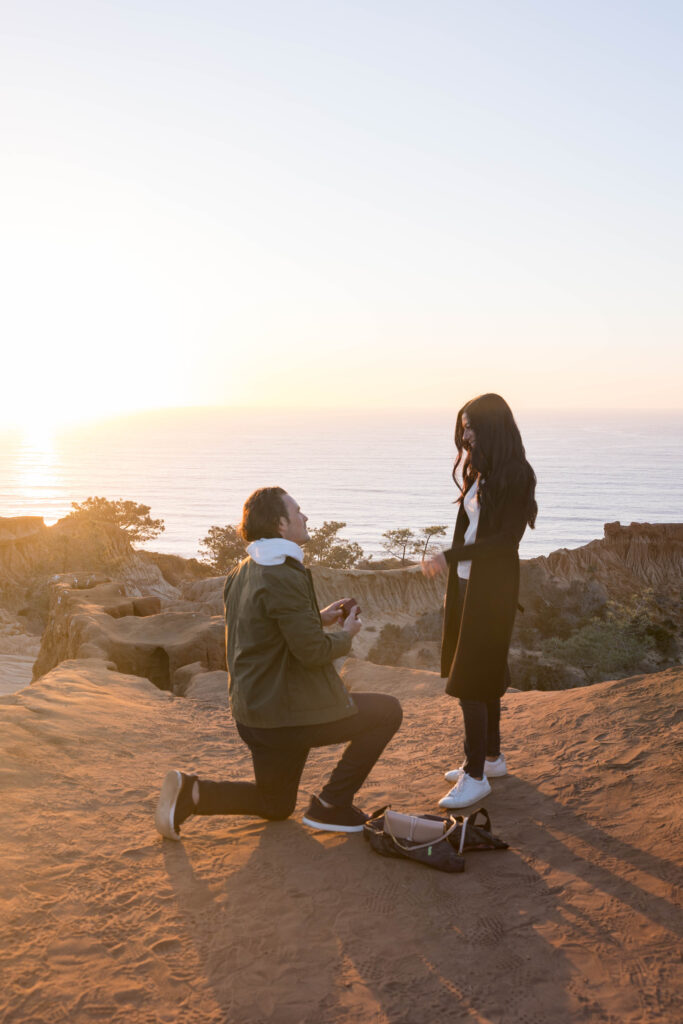 Man proposing overlooking the water at Torrey Pines